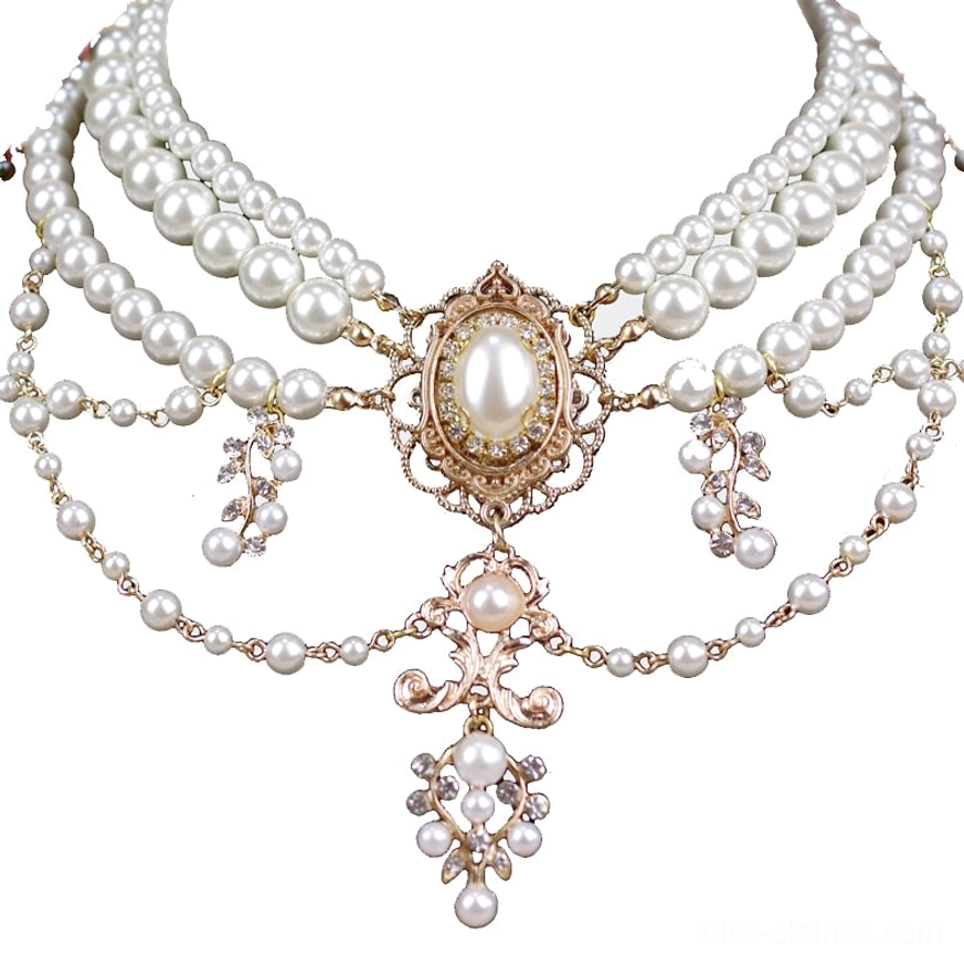 Baroque pearl layered choker necklace additional product detail angle white pearls gold filigree lolita fashion accessory