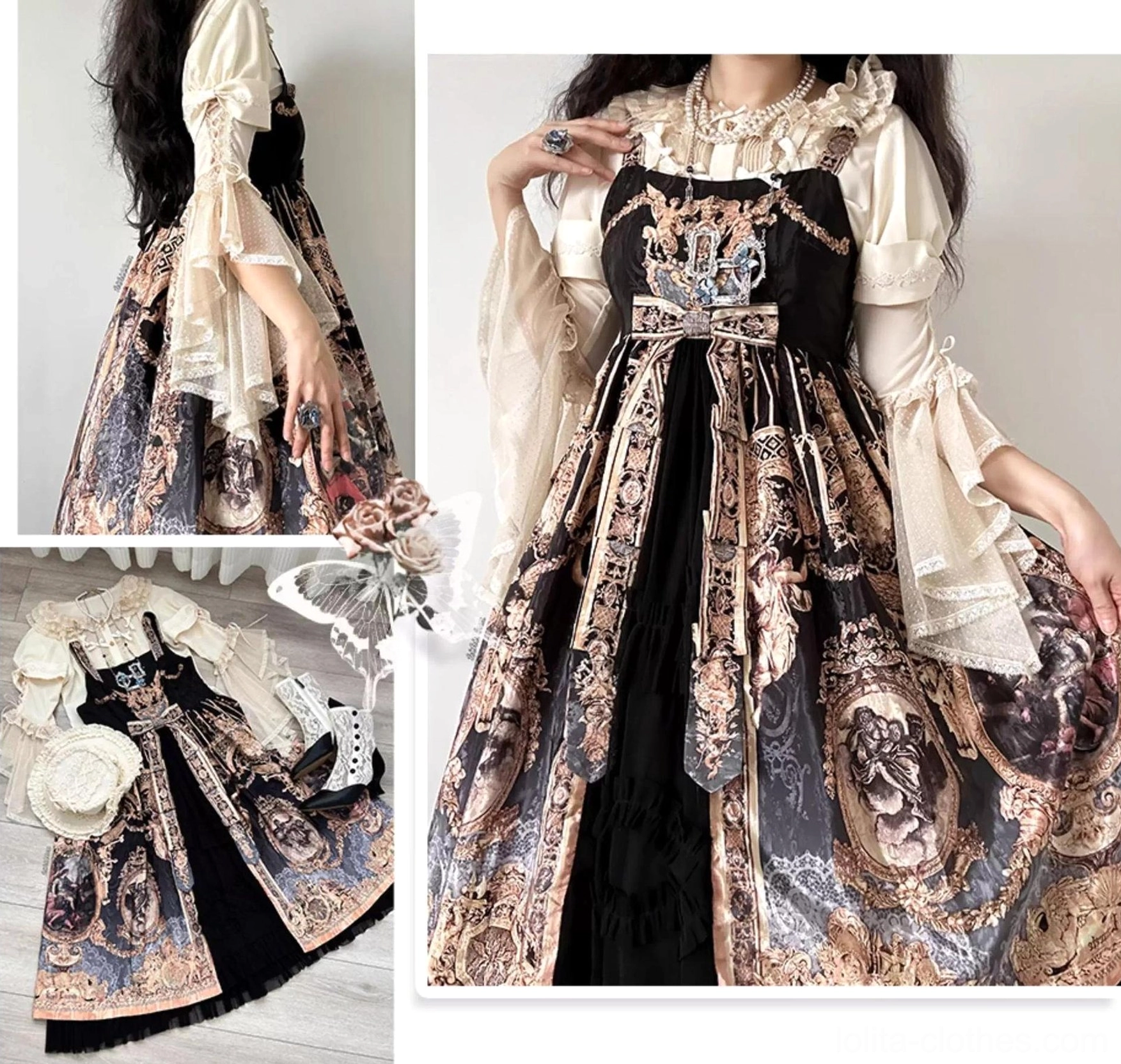 Baroque print lolita one-piece dress with hime sleeves, corset waist and vintage baroque pattern in two color options, back and front views