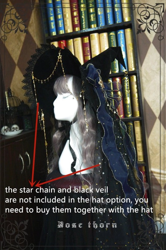 Basic black velvet lolita witch hat without veil and star chain accessories, annotated display showing base hat style