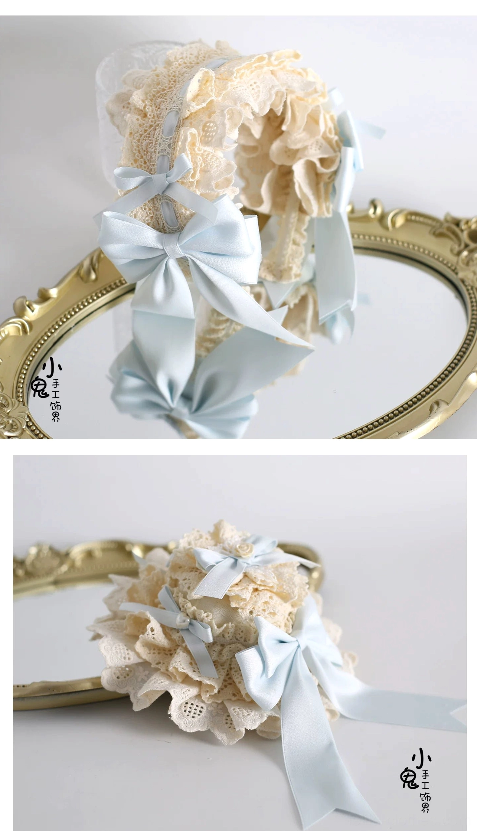 Basic lace choker strap component with cream ruffled lace and delicate sky blue bow detail flat lay white background