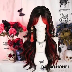 Red-black highlighted gothic lolita wig straight front view on display mannequin with curtain bangs side braid and red tassel hair accessory