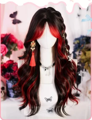 Bathing Flames black and red highlighted gothic lolita wig front three-quarter view showcasing full hairstyle with side braid curtain bangs and wavy long hair on gothic background