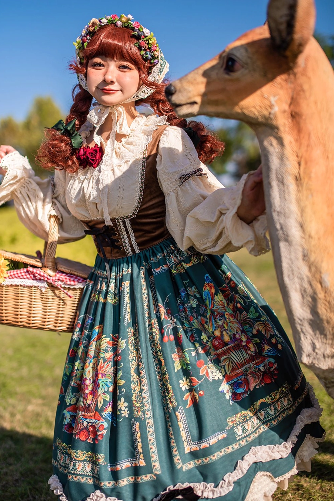Bavarian Lolita JSK medium close-up with flower crown and intricate skirt pattern folk print detail