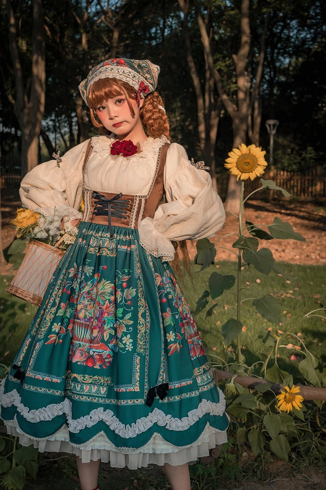Bavarian Lolita JSK full length front pose with bonnet and white ruffled hem near sunflowers