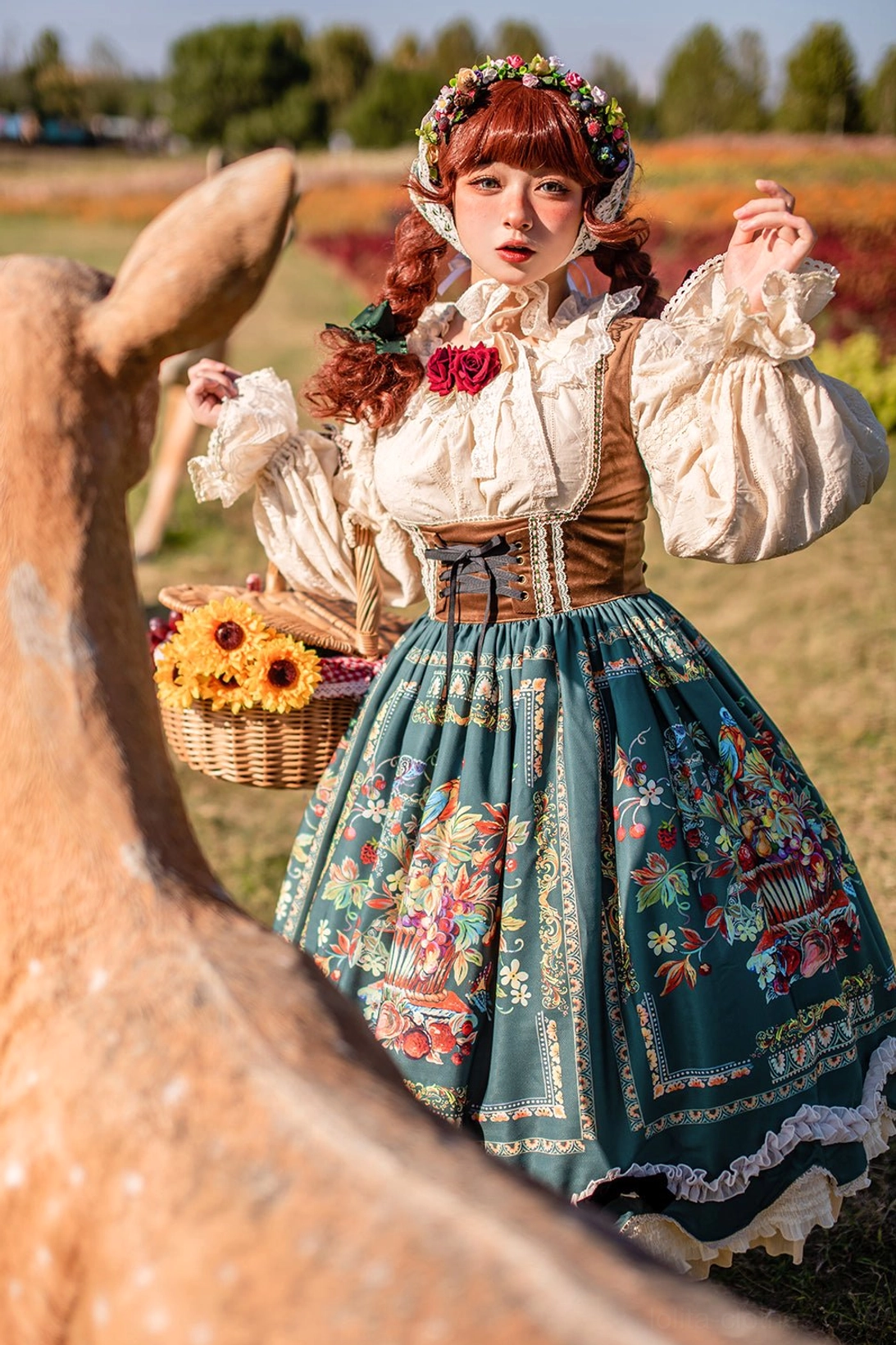 Bavarian Lolita JSK side profile with ruffled puff sleeves and deer interaction in sunlit farm setting