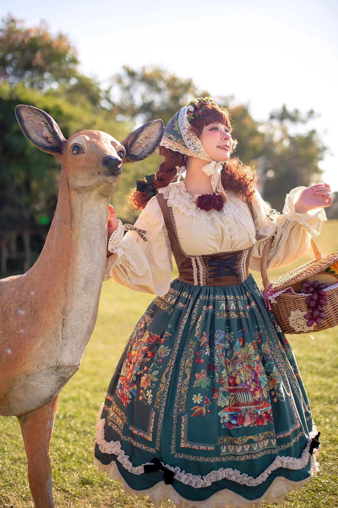Bavarian Lolita JSK side view with wicker basket and deer prop showing A-line silhouette
