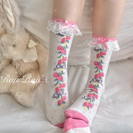 bean paste sweet lolita over-the-knee thigh-high cotton socks warm muted tone botanical aesthetic lolita fashion essential hosiery