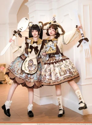 Two models wearing matching mint bear bakery lolita dresses with detachable aprons and bear ear hair bows, posed in side profile within an elegant white arched corridor, showcasing the full-body silhouette and scalloped hemline with coordinating ruffled socks and leather shoes