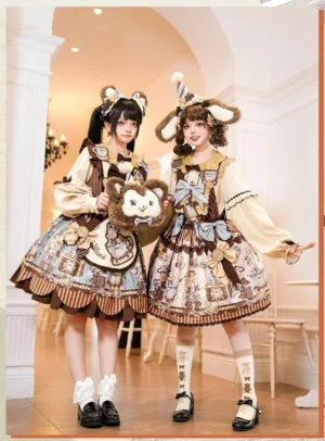 Full-body low front view of bear bakery lolita dress with long puff sleeves and striped ribbon trim, model holding adorable plush teddy bear prop, wearing bear ear hair clips and ruffled socks with loafers in elegant chandelier-lit dining area