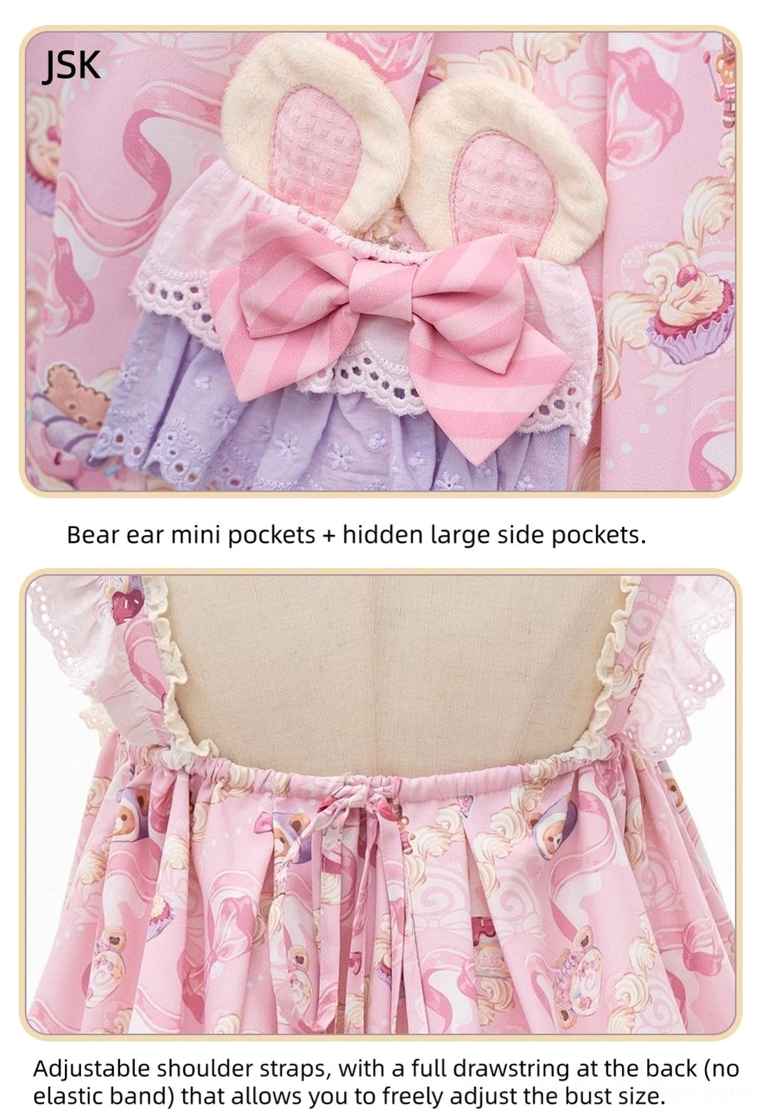 JSK Jumper Skirt construction details showing plush bear-shaped mini pockets, hidden large side pockets, adjustable shoulder straps, full back drawstring system, and front bowknot gingham apron decoration