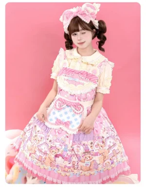 Bear Cake Lolita OP one-piece dress with twin-tailed hairstyle, oversized pink bow, gingham check apron panel, Peter Pan collar with ruffled lace trim, and flared dessert print skirt