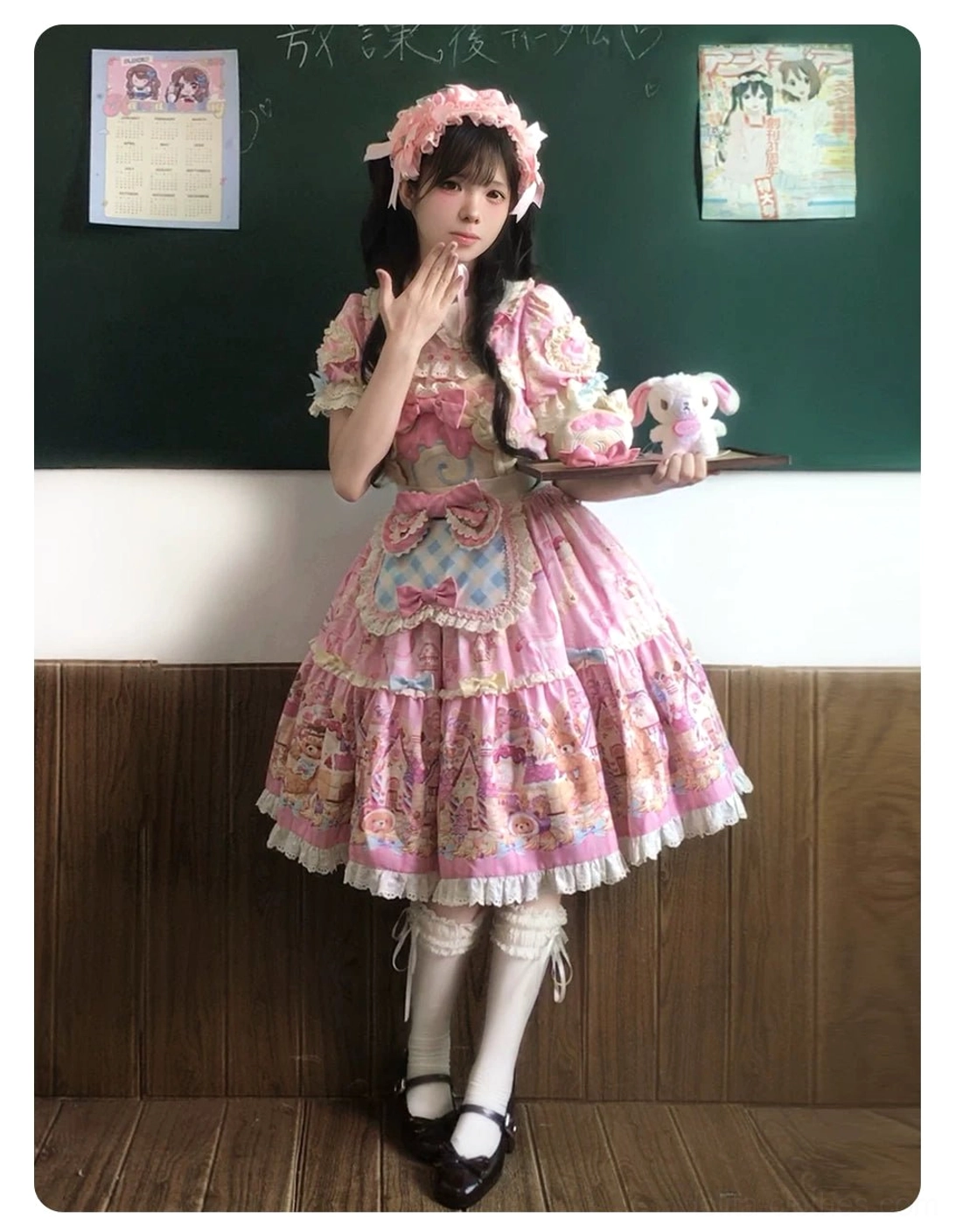 Bear Cake Lolita OP dress styling with hat and vintage accessories, full-length silhouette showcasing Peter Pan collar ruffles, decorative front bow, and tiered dessert print skirt