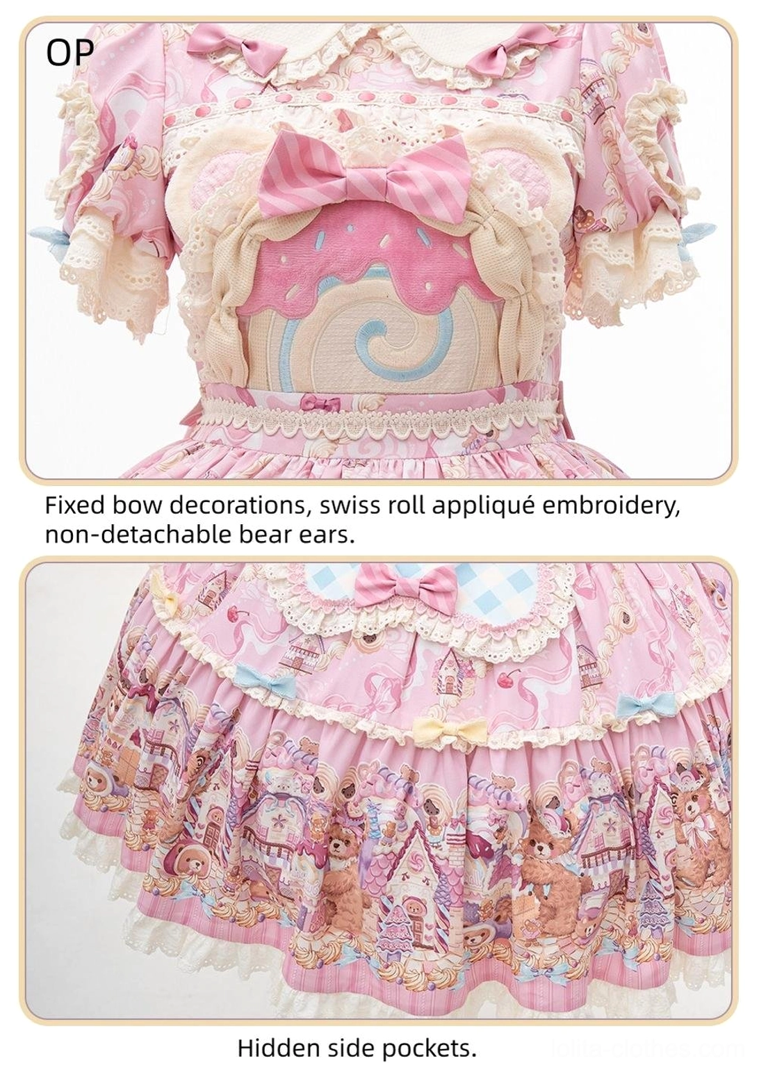 Bear Cake OP bodice detail featuring fixed bow, Swiss roll appliqué embroidery, integrated bear ear design, ruffled lace yoke, and cream yellow collar trim with flared dessert print skirt