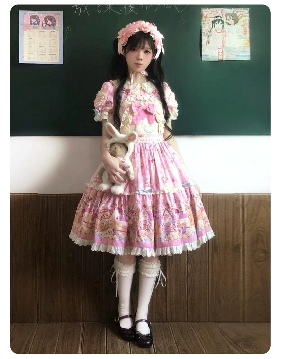 Bear Cake Sweet Lolita collection showing JSK Jumper Skirt and OP one-piece styling options with coordinating bows, hair accessories, and bear dessert motif across both silhouettes