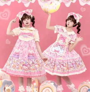 Bear Cake Sweet Lolita Jumper Skirt and OP dress ensemble featuring bear and dessert print in pink macaron tones with plush bear ear details, ruffled lace trim, and coordinating hair bows on dual models