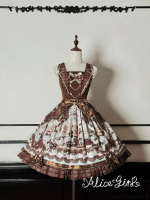 Bear Chocolate Bar Kawaii Lolita Jumper Skirt JSK front display on mannequin with chocolate bodice central bow and tiered ruffled skirt mint accents