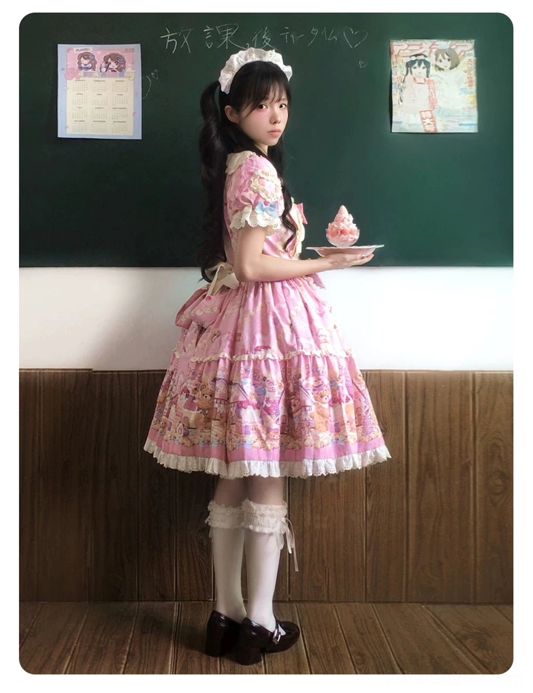 Bear and Dessert print Sweet Lolita dress fabric close-up showing bear cake and pastry motif details, print quality, cotton blend composition, and texture in macaron pink tones