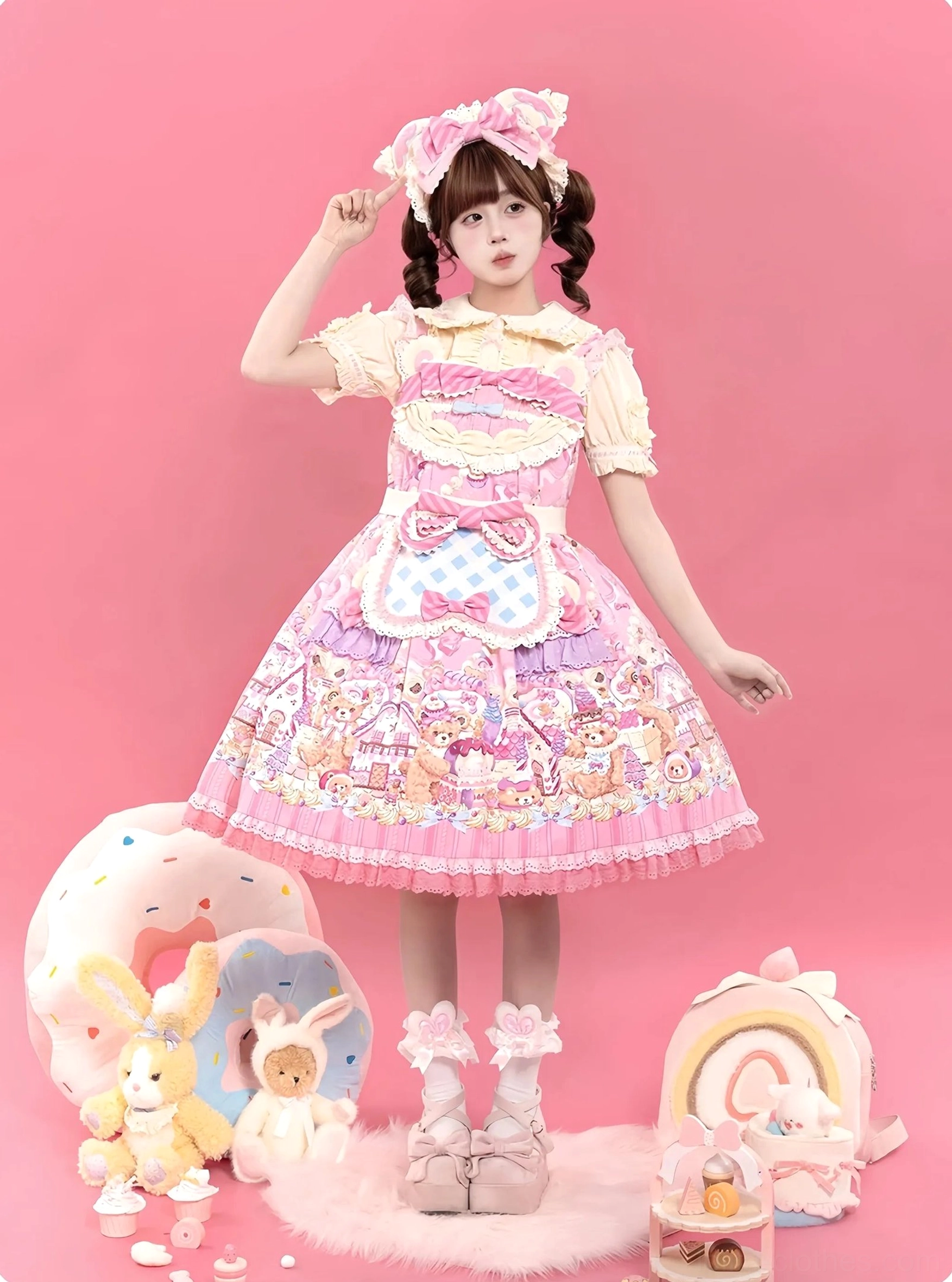 Bear and Dessert print Sweet Lolita JSK Jumper Skirt full length side view showing A-line silhouette, adjustable shoulder straps, plush bear ears at hemline, and coordinating head accessory