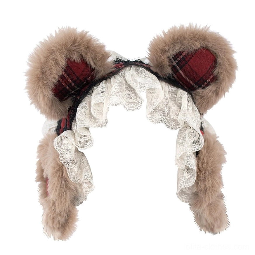 Bear ear earmuff and headband two-in-one accessory for Christmas plaid lolita set, detachable ears and muffs, kawaii bear-inspired design