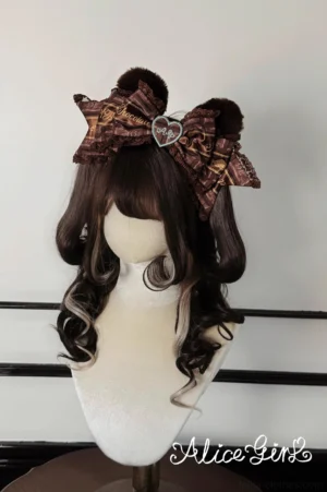 Brown fuzzy bear ear bow lolita headdress with heart-shaped brooch and chocolate-mint ribbon details on mannequin display