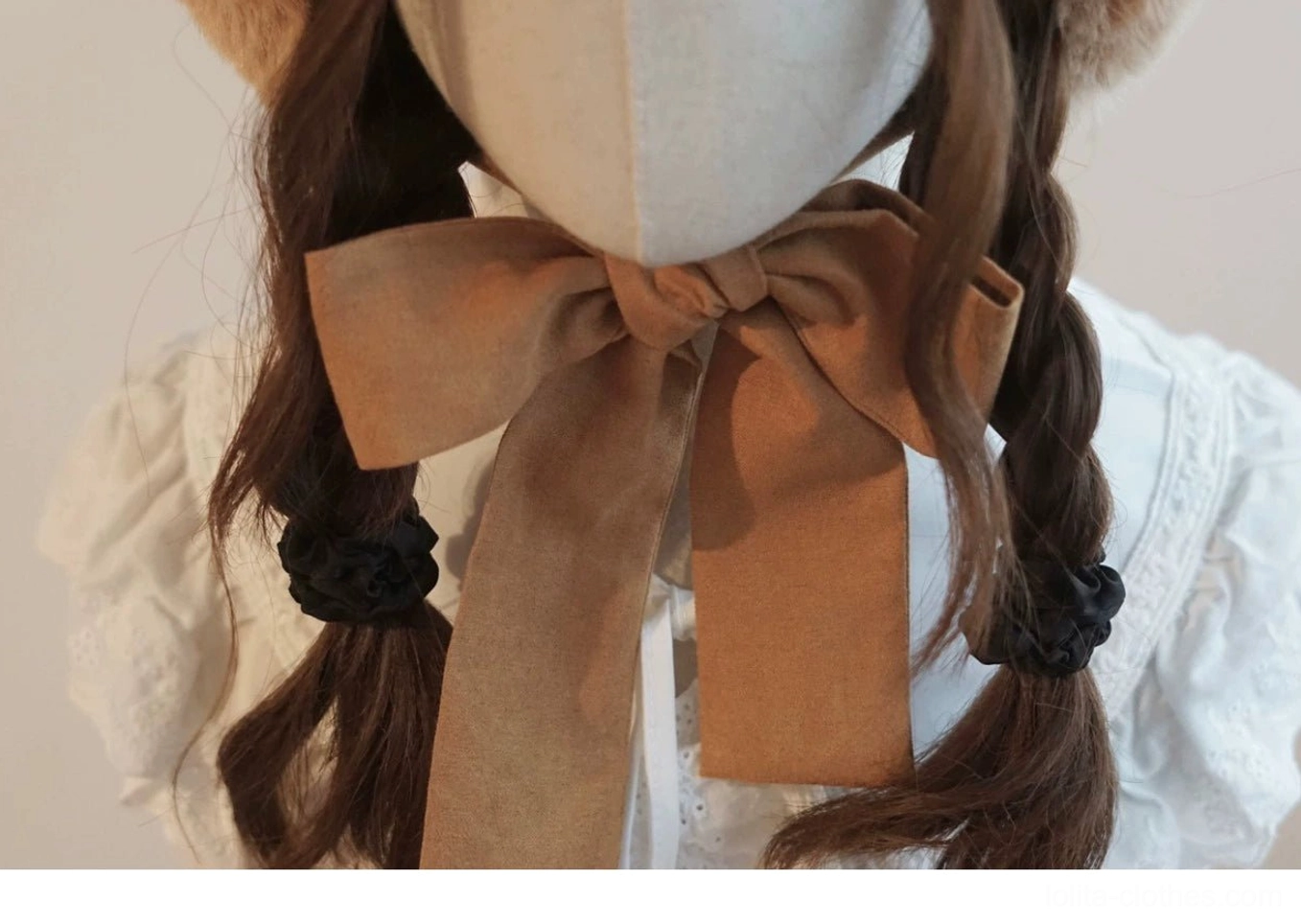 Tan bear ear fluffy hooded lolita hat back three-quarter view showing hood structure and bear ear silhouette