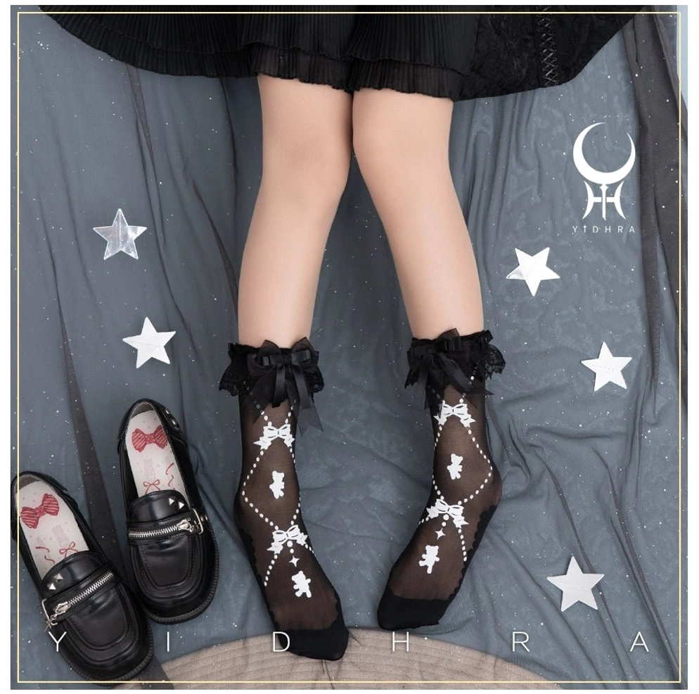 Bear gummy candy black lolita ankle socks with bow decorated loafers ruffled black lace bow cuff and printed bear and bow patterns on sheer black fabric