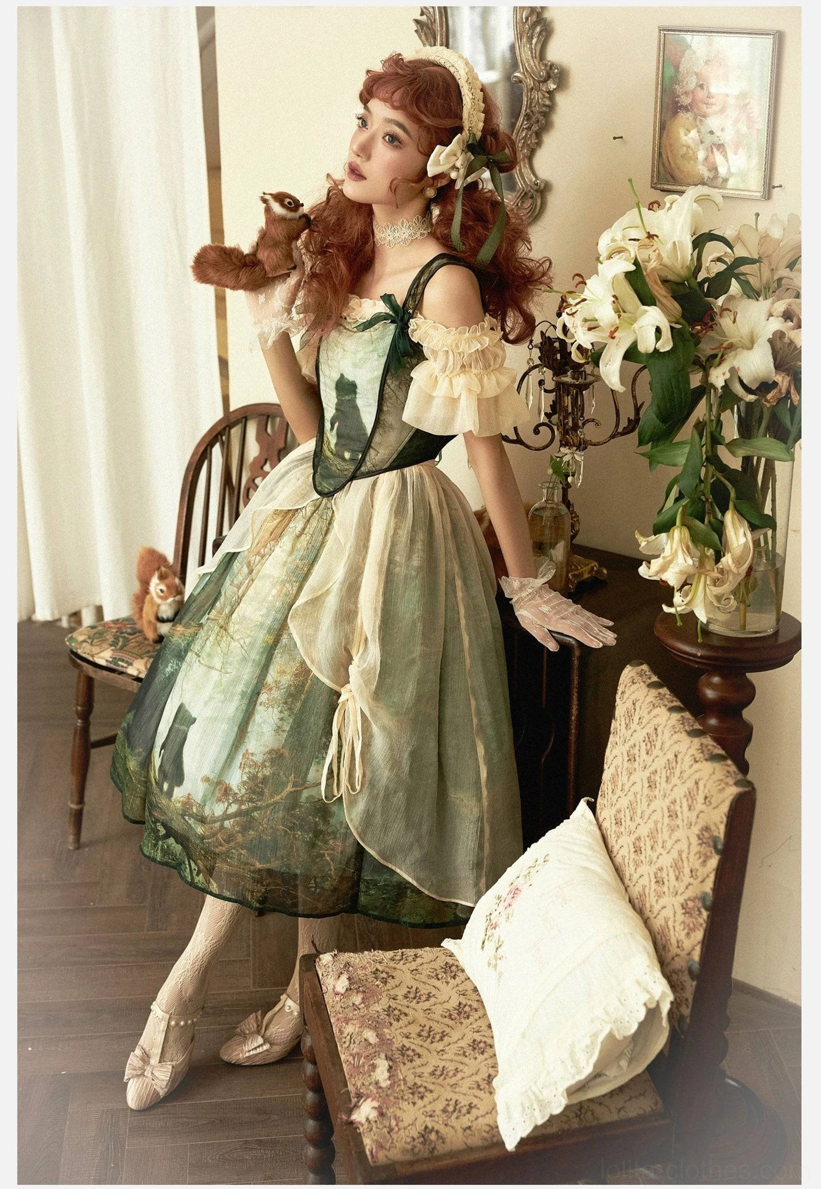 Elegant bear print lolita dress back side three-quarter shot seated on vintage sofa white flowers