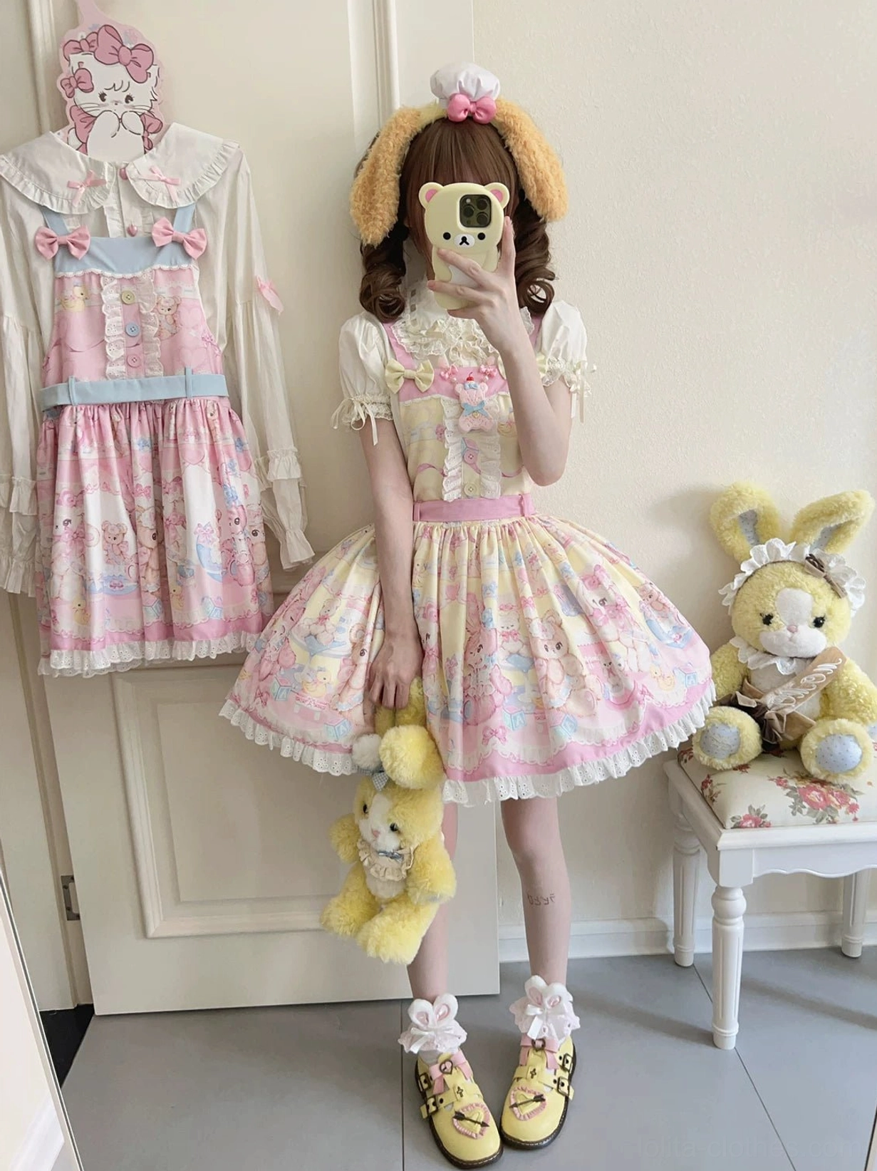 Bear sweet lolita salopette jumper skirt pink yellow platform loafers yellow ear headband display wall dressed
