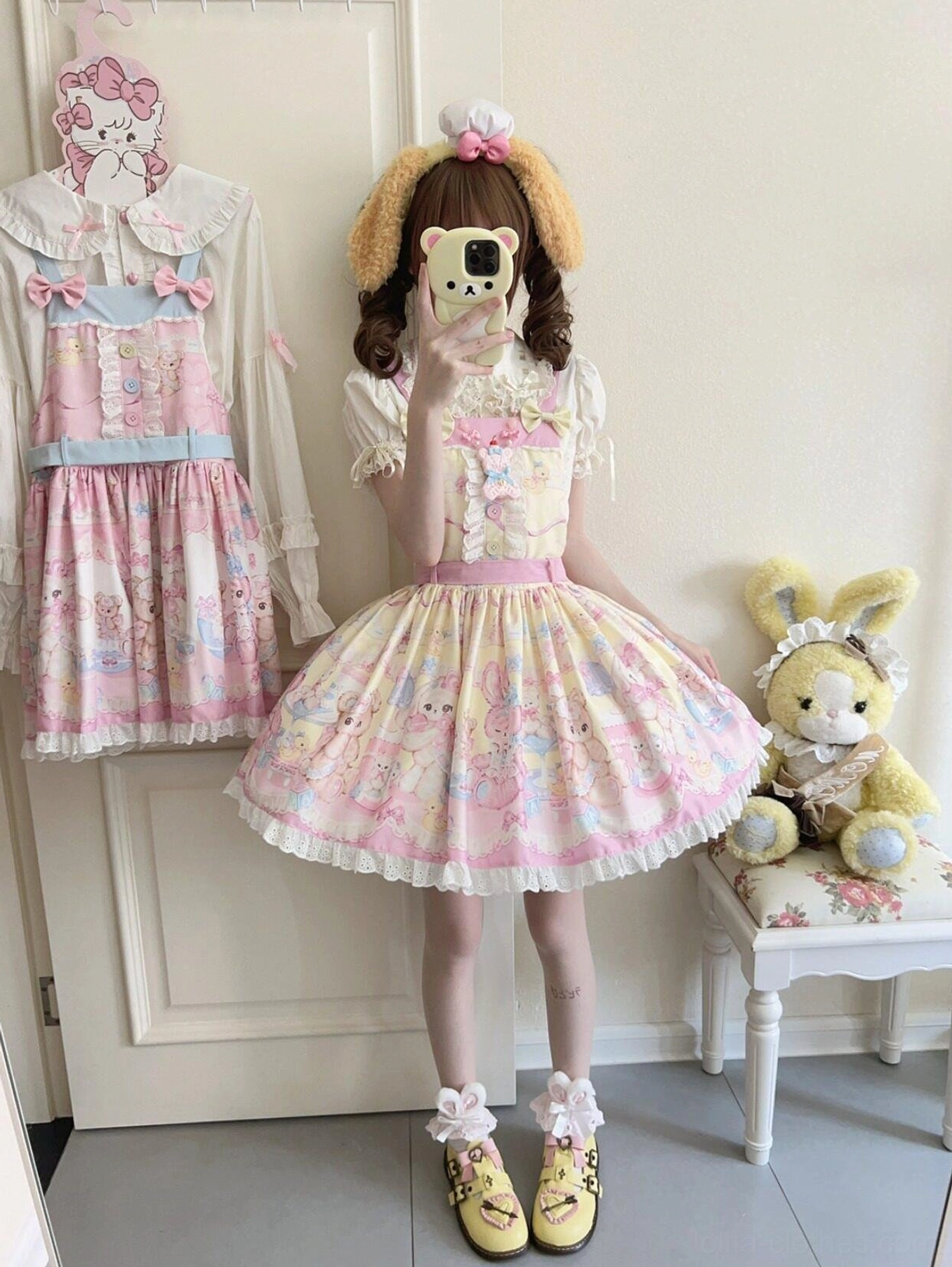 Bear sweet lolita salopette dress pink with yellow fluffy ear headband and yellow platform loafers plush room