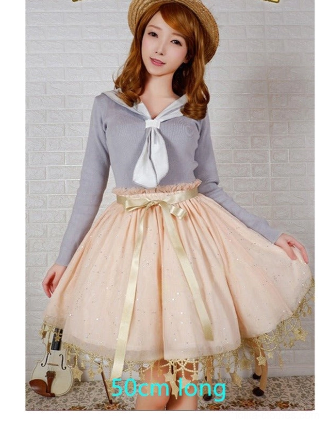 Beige lolita petticoat 50cm length shown on mannequin with sailor collar coordinate and gold star lace detail