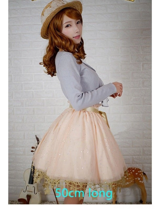 Beige lolita petticoat 50cm length side view model wearing straw boater hat with gold star lace hem visible