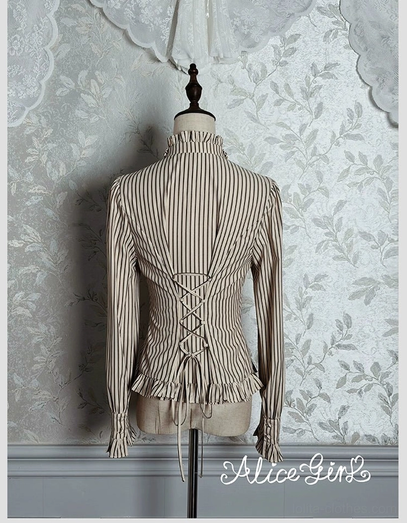 Beige brown striped Victorian lolita blouse back display with lace-up back detail and ruffled collar
