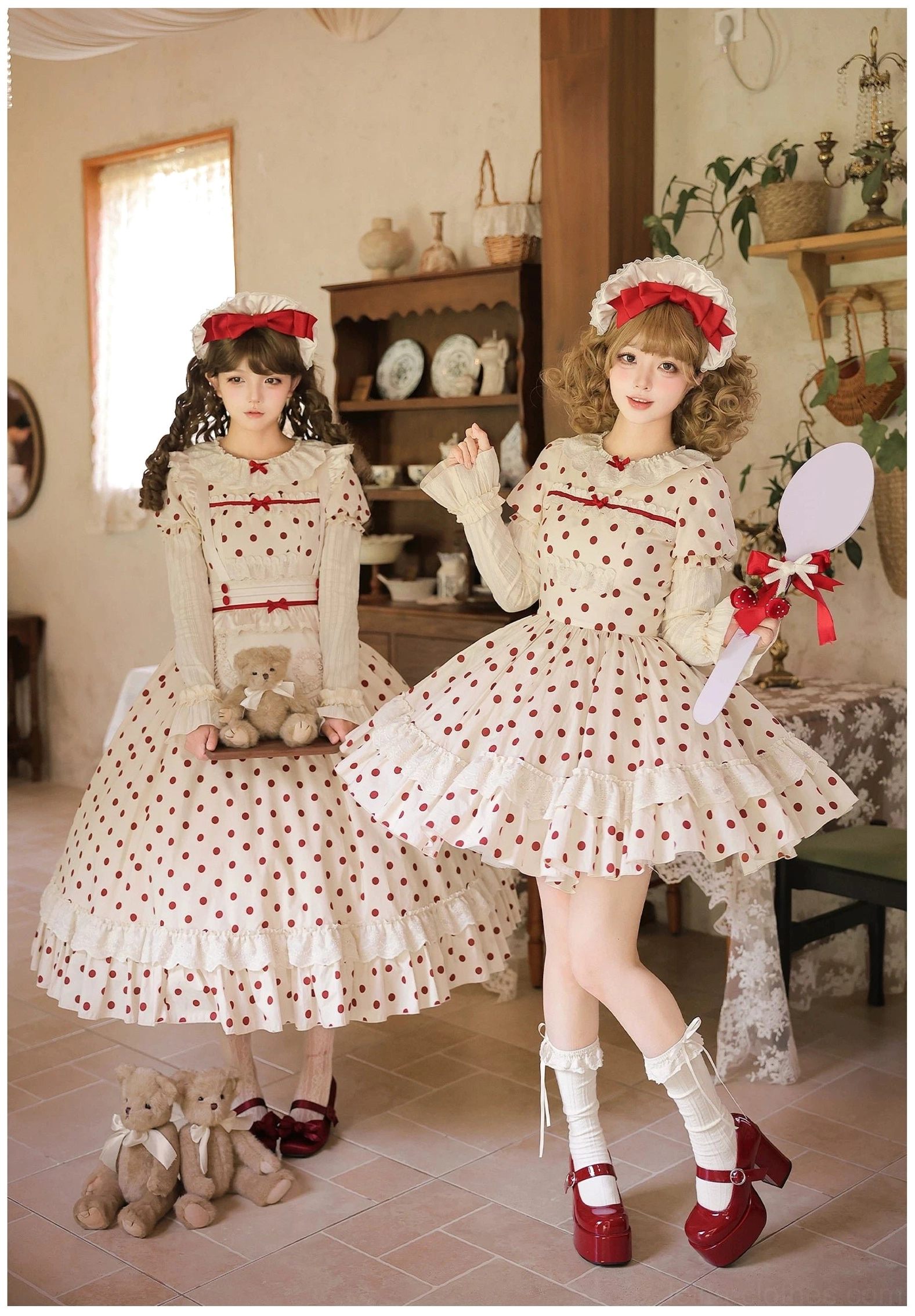 Vintage beige polka dot Old School lolita OP dress front three-quarter view cream burgundy dots ruffled skirt hem two models retro tea house aesthetic