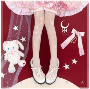 Beige butterfly cherry blossom 20D velvet Lolita tights worn with pink frilly skirt and bow Mary Janes flat lay styling