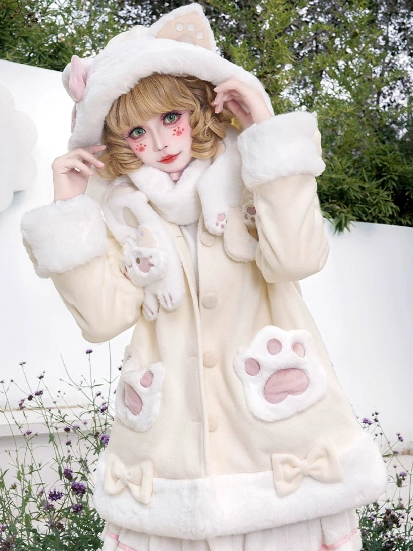 Beige adjustable cat ear hood lolita plush coat with matching plush scarf and button front closure, soft fluffy texture details