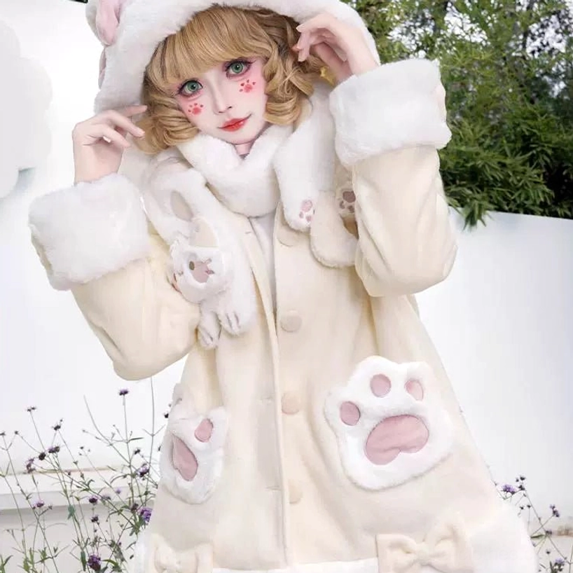 Beige cat ear lolita plush coat close-up half-body front shot showing fuzzy collar cuffs and cat paw patches with bow appliqués