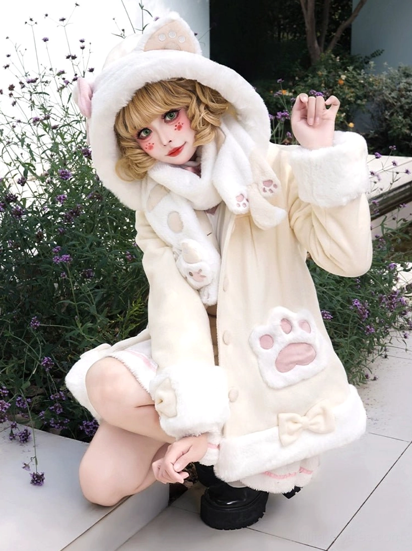 Beige cat ear lolita plush coat relaxed fit with fuzzy cuffs hem and cute cat paw decorative details, casual daily styling pose