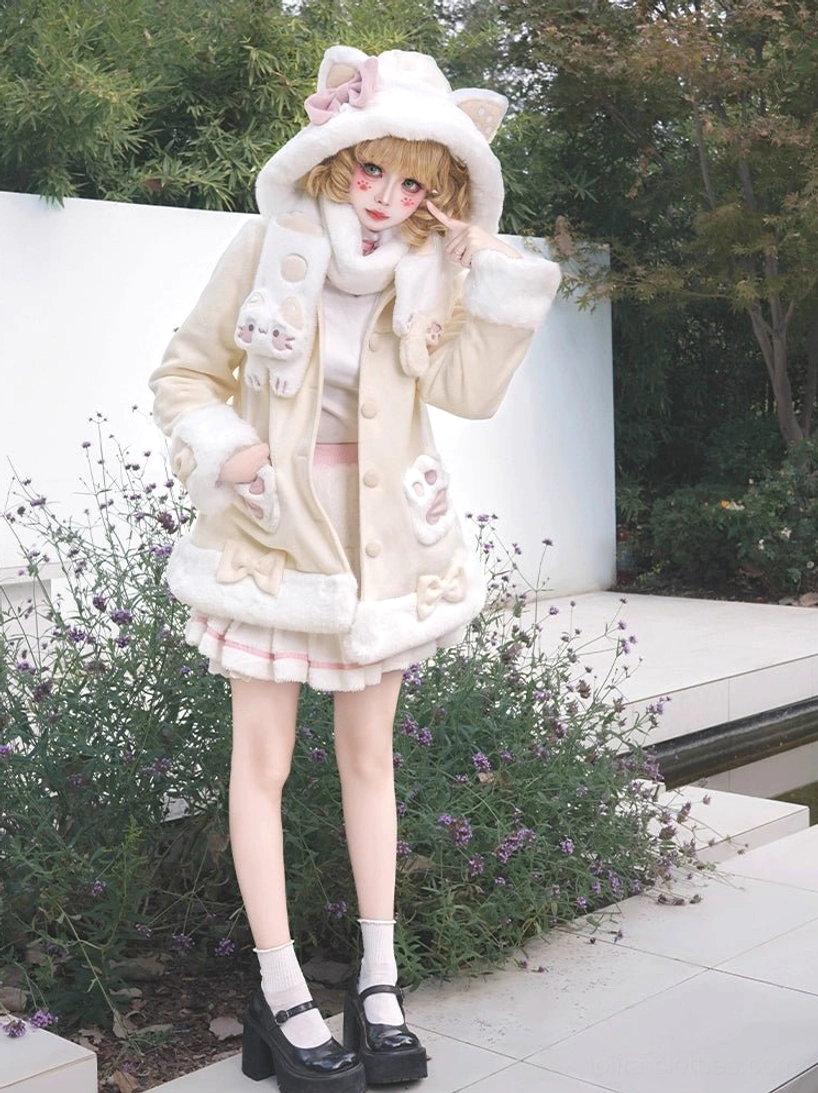 Beige cat ear lolita plush coat side view with matching cat paw scarf, paired with plaid mini skirt and black Mary Jane shoes