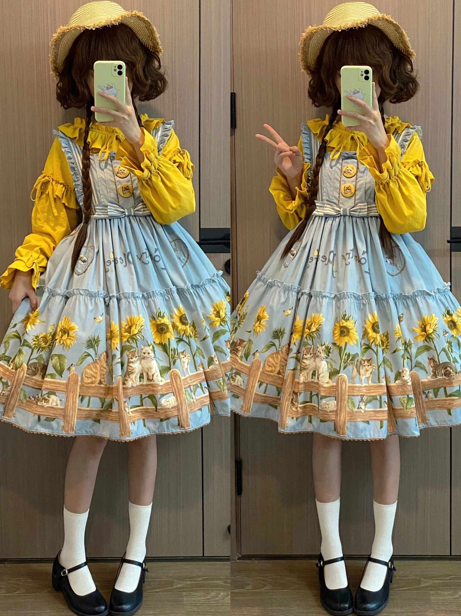 Product view of country lolita JSK dress in beige showing front panel construction and print placement