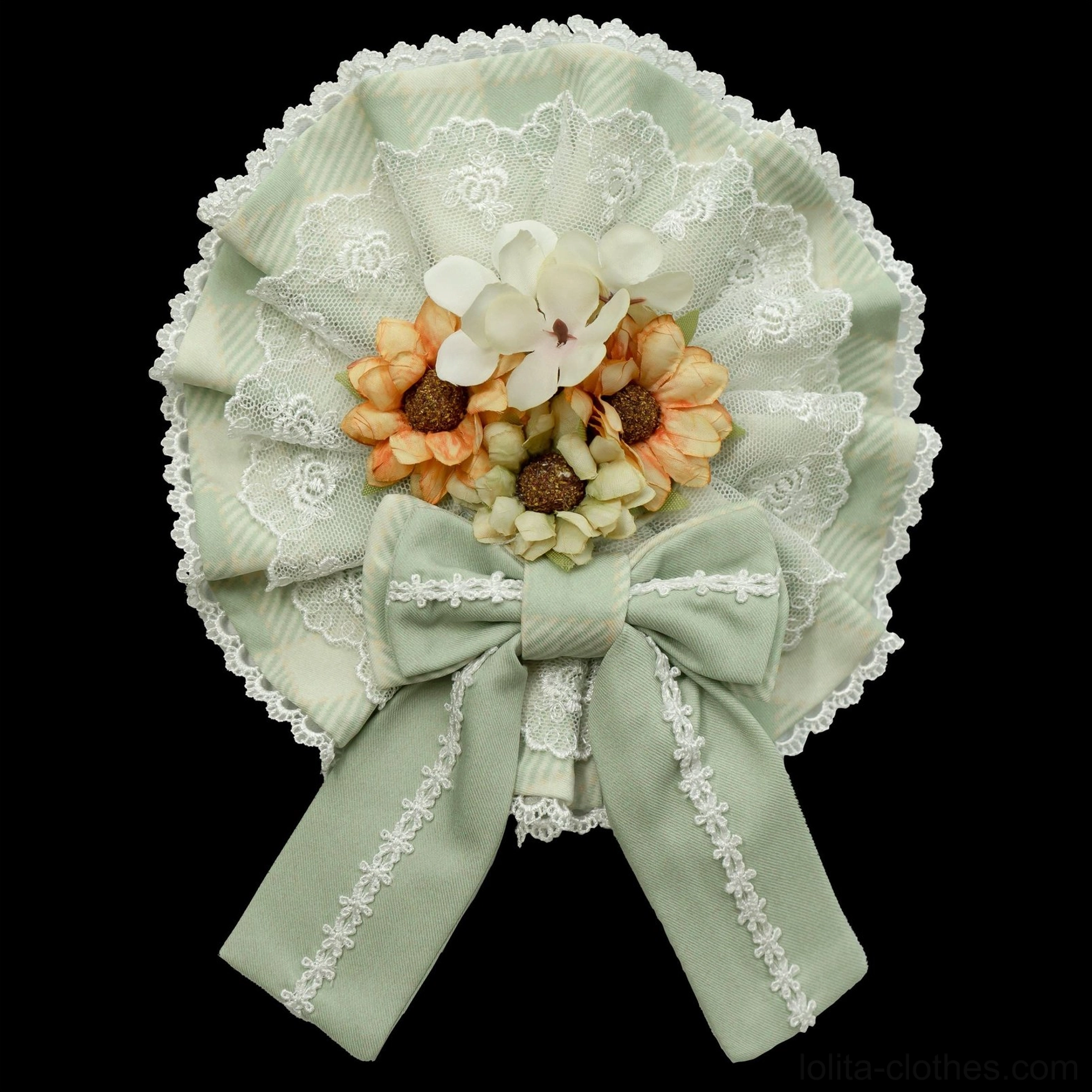 Beige and cream round lace sweet lolita flower brooch flat lay with artificial sunflower floral decoration and matching satin bow