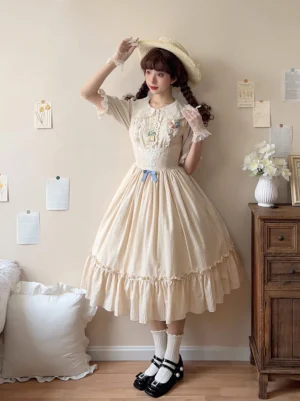 Beige cream colored classic Lolita JSK dress full front view vintage indoor setting romantic aesthetic summer fashion