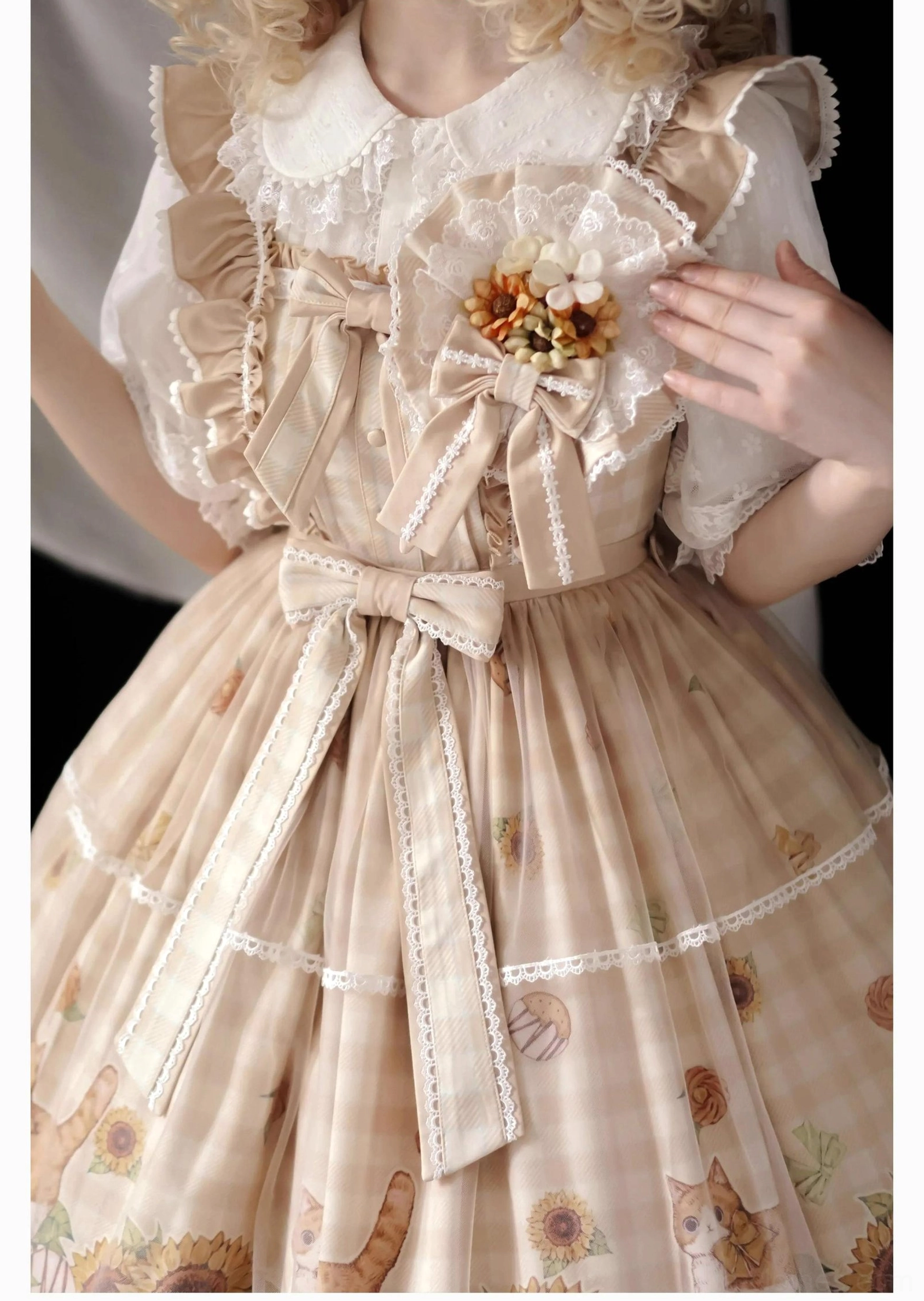 Beige gingham floral lolita brooch with artificial flowers and ruffled satin bow trim on beige gingham cat-print sweet lolita dress