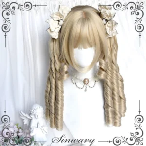 Beige gold retro lolita roman roll twin tail wig front flat view on display mannequin with beige flower hair accessories and vintage lace necklace featuring spiral curly ponytails