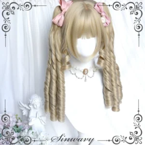 Beige gold retro lolita roman roll twin tail wig front view with air bangs and spiral curly ponytails displayed on mannequin with pink bow hairpins and vintage pendant necklace