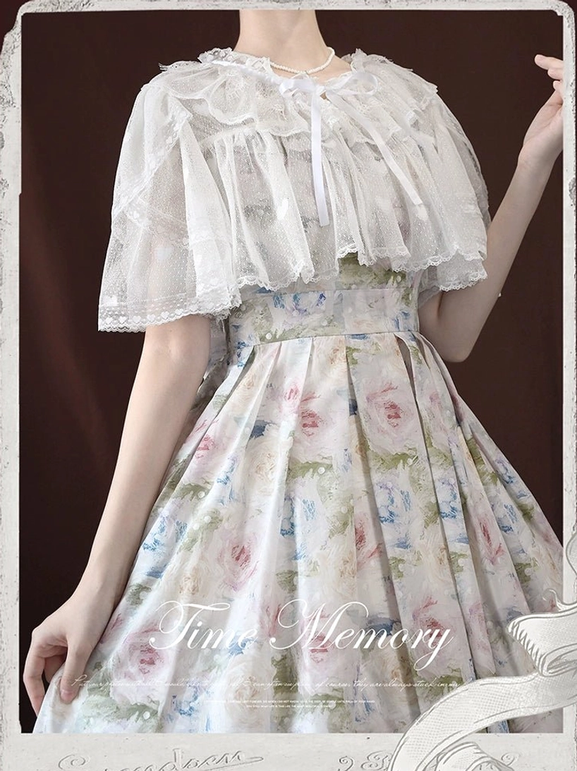 Beige light apricot heart lace sweet lolita short sleeve cardigan with double-layer lace side profile
