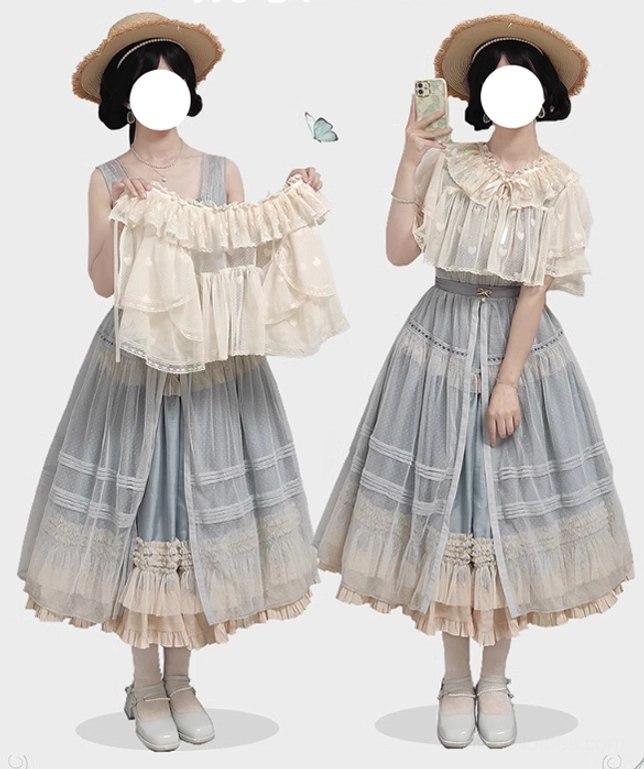 Beige light apricot heart lace sweet lolita shawl cardigan with double-layer lace romantic styling