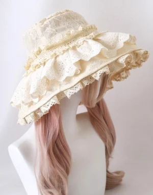 Beige lace Lolita sun hat without bows, right front three-quarter view displaying multi-layered ruffled lace trim and elegant romantic silhouette