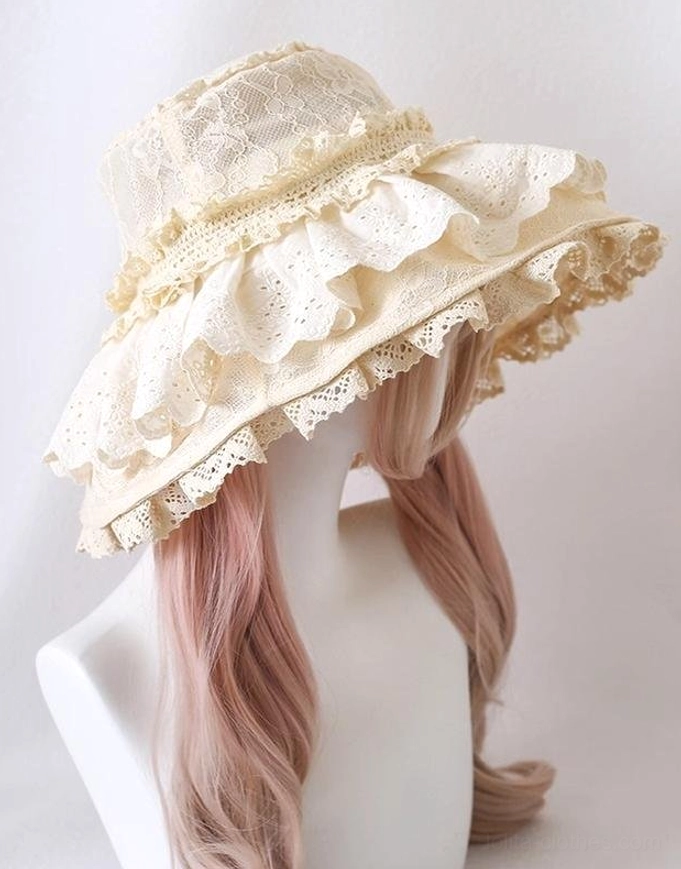 Beige lace Lolita sun hat without bows, right front three-quarter view displaying multi-layered ruffled lace trim and elegant romantic silhouette