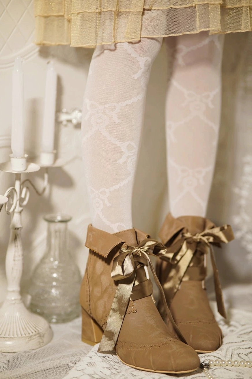 Beige lolita ankle boots styled with sweet lolita pastel coordinate showing soft neutral tone versatility across multiple aesthetic subculture styles