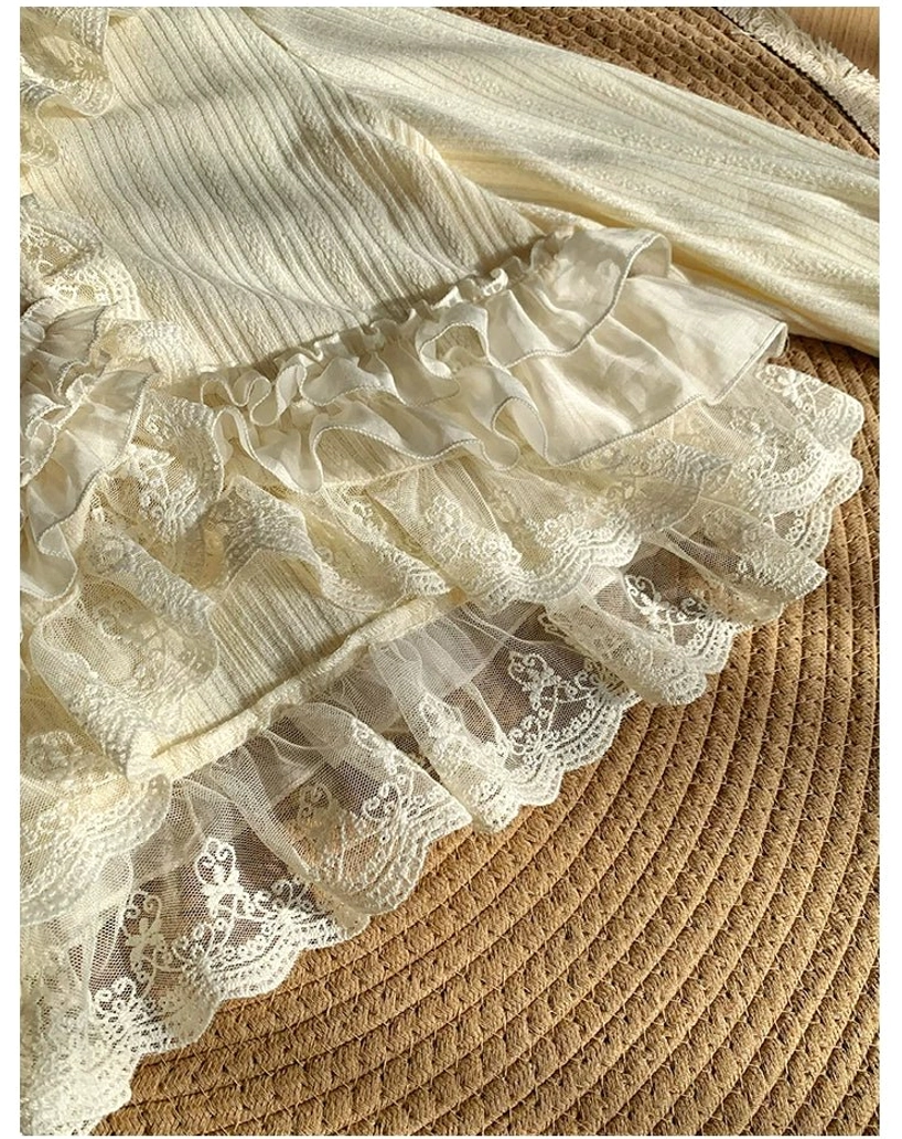 Beige lolita bolero with refined lace ruffle detailing, button closures and curved hemline, paired with tulle underskirt for complete coordinate look